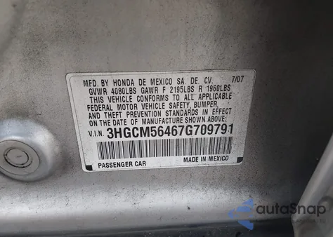 2007 Honda Accord 2.4 Lx z USA, uszkodzony, nr VIN 3HGCM56467G709791